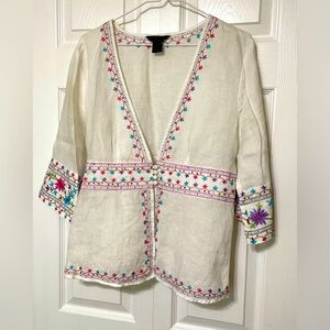 SilkLand White and Pink Embellished Blouse with 3/4 Sleeves